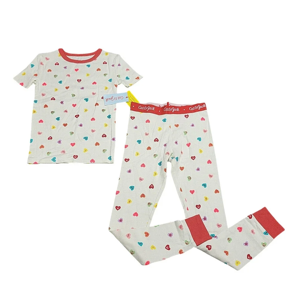 Cat & Jack Girls Holiday Hearts Print Short Sleeves Pajama Set Top Pants Size 6